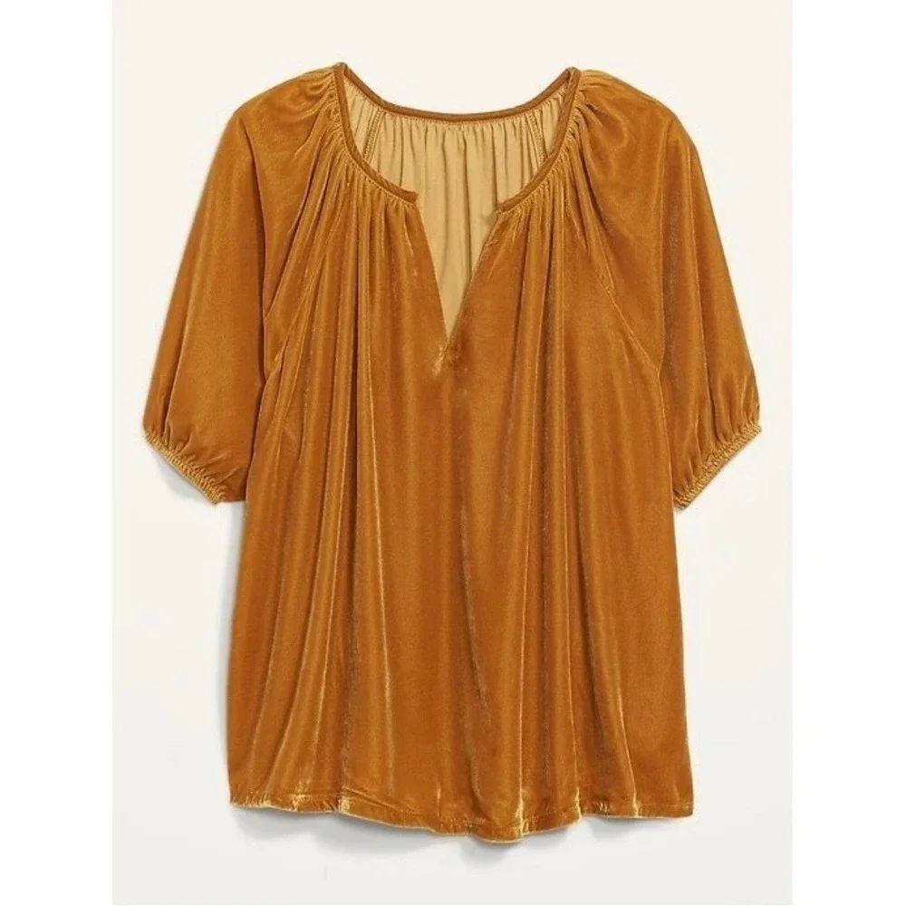 Old Navy 3X Ochre Mustard Gold Velvet Velour Puff Sleeve Split Neck Blouse Top